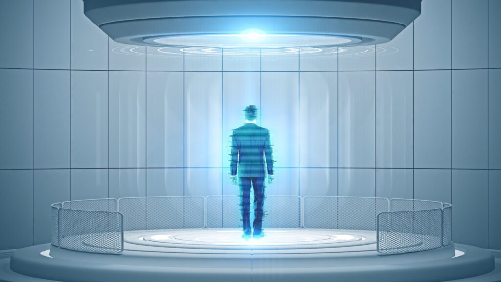 A digital rendering of a man in a business suit standing on a circular platform inside a futuristic, white-tiled room. The man appears semi-transparent, composed of light-blue digital data streams. A bright light shines down from a circular opening in the ceiling above him.  A low, metal mesh barrier surrounds the platform.