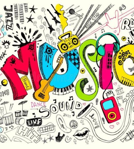 A vibrant illustration depicting the word "MUSIC" in large, colorful, graffiti-style lettering. Surrounding the word are numerous hand-drawn images related to music, including musical instruments (guitars, keyboards, drums, a saxophone, a trumpet), music notes, a boombox, headphones, and various genre labels like "Rock," "Punk," "Blues," and "Jazz." Other doodles include symbols of love, peace, and sound waves. The overall style is energetic and chaotic, characteristic of a hand-drawn sketch.