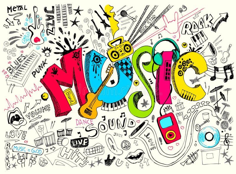 A vibrant illustration depicting the word "MUSIC" in large, colorful, graffiti-style lettering. Surrounding the word are numerous hand-drawn images related to music, including musical instruments (guitars, keyboards, drums, a saxophone, a trumpet), music notes, a boombox, headphones, and various genre labels like "Rock," "Punk," "Blues," and "Jazz." Other doodles include symbols of love, peace, and sound waves. The overall style is energetic and chaotic, characteristic of a hand-drawn sketch.