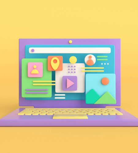 A 3D rendered laptop is displayed on a yellow background. The laptop's exterior is a lavender color and it has a yellow keyboard and trackpad. The screen displays a light blue background with a white search bar at the top, and a yellow dot above the screen. There are five colorful squares with icons on the screen. From left to right, the first square is green with a pink square inside, and a yellow person icon inside. The next square is orange with a yellow location icon inside. The next square is white with purple dots. The fourth square is white with a pink triangle icon inside. The last square is blue with a green mountain and an orange sun.